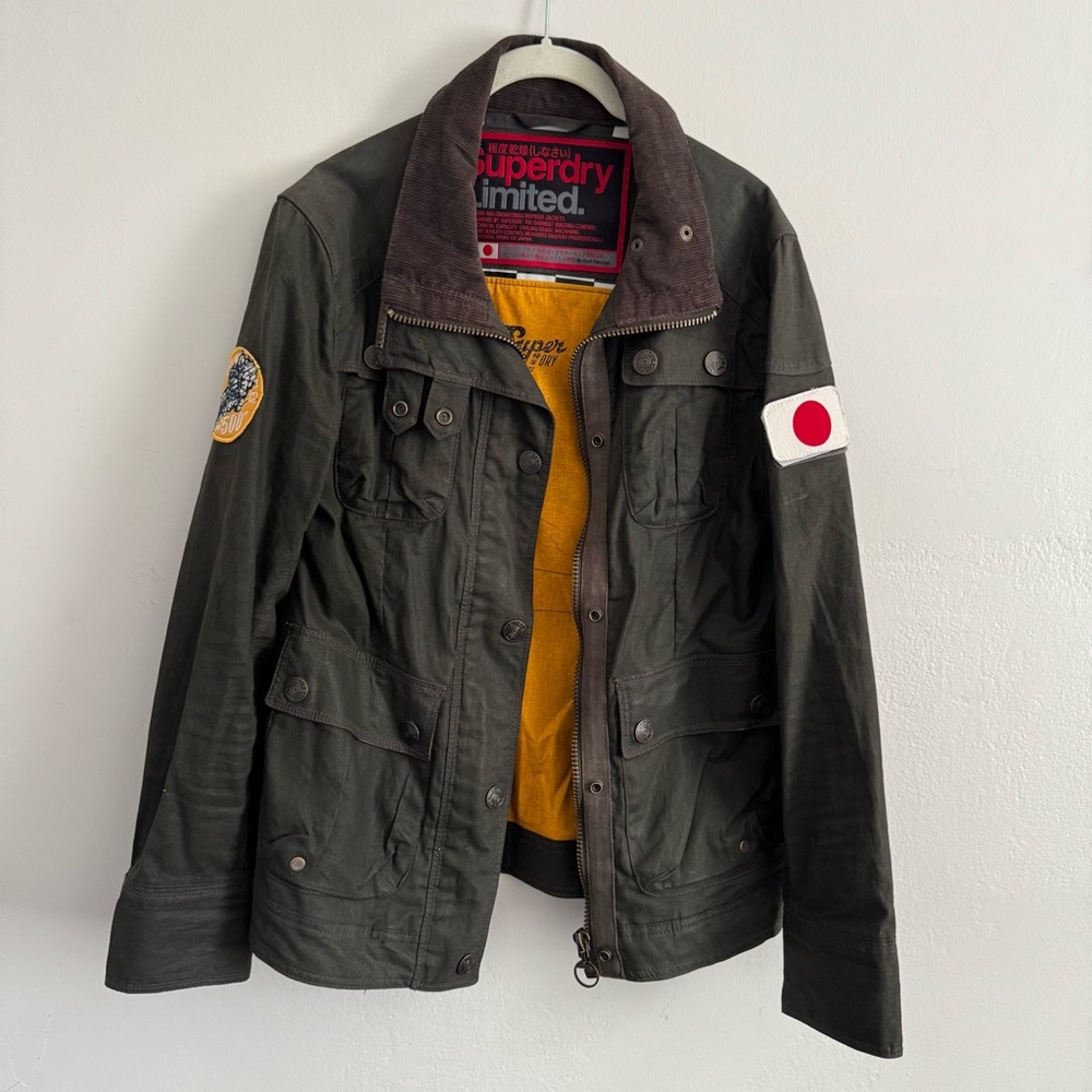 Superdry Green Waxed Motorcycle Racing Jacket with Interchangeable Patches